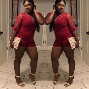 ✨✨JUST IN✨✨Burgundy Pearl Embellished Mesh Romper